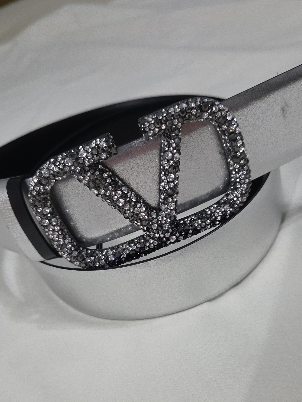 Valentino Silver Metallic Belt with Crystal Logo Buckle Reversible